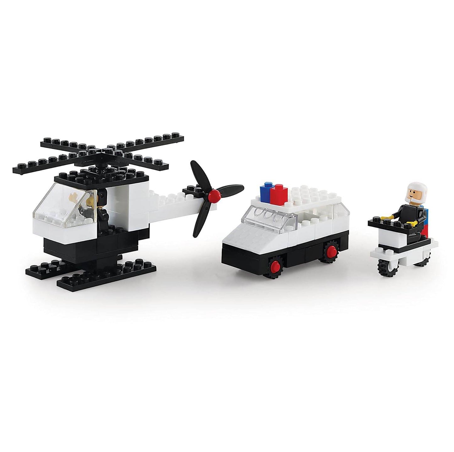 Highway patrol building block set featuring a black and white helicopter, police car, and officer on a motorcycle