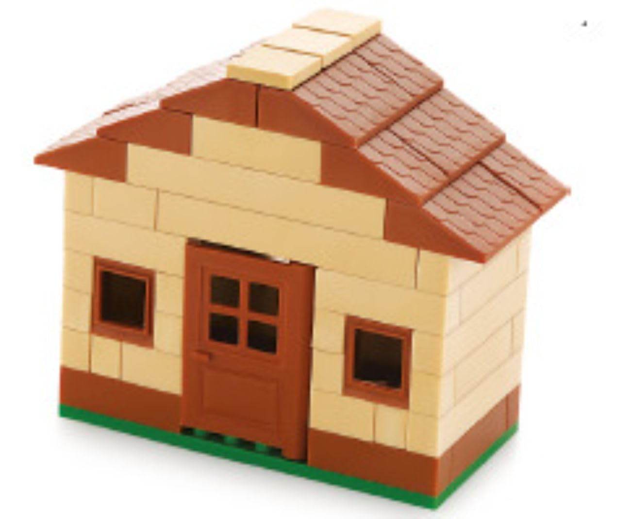 Peacock beige and brown interlocking building blocks for kids assembled into a house model