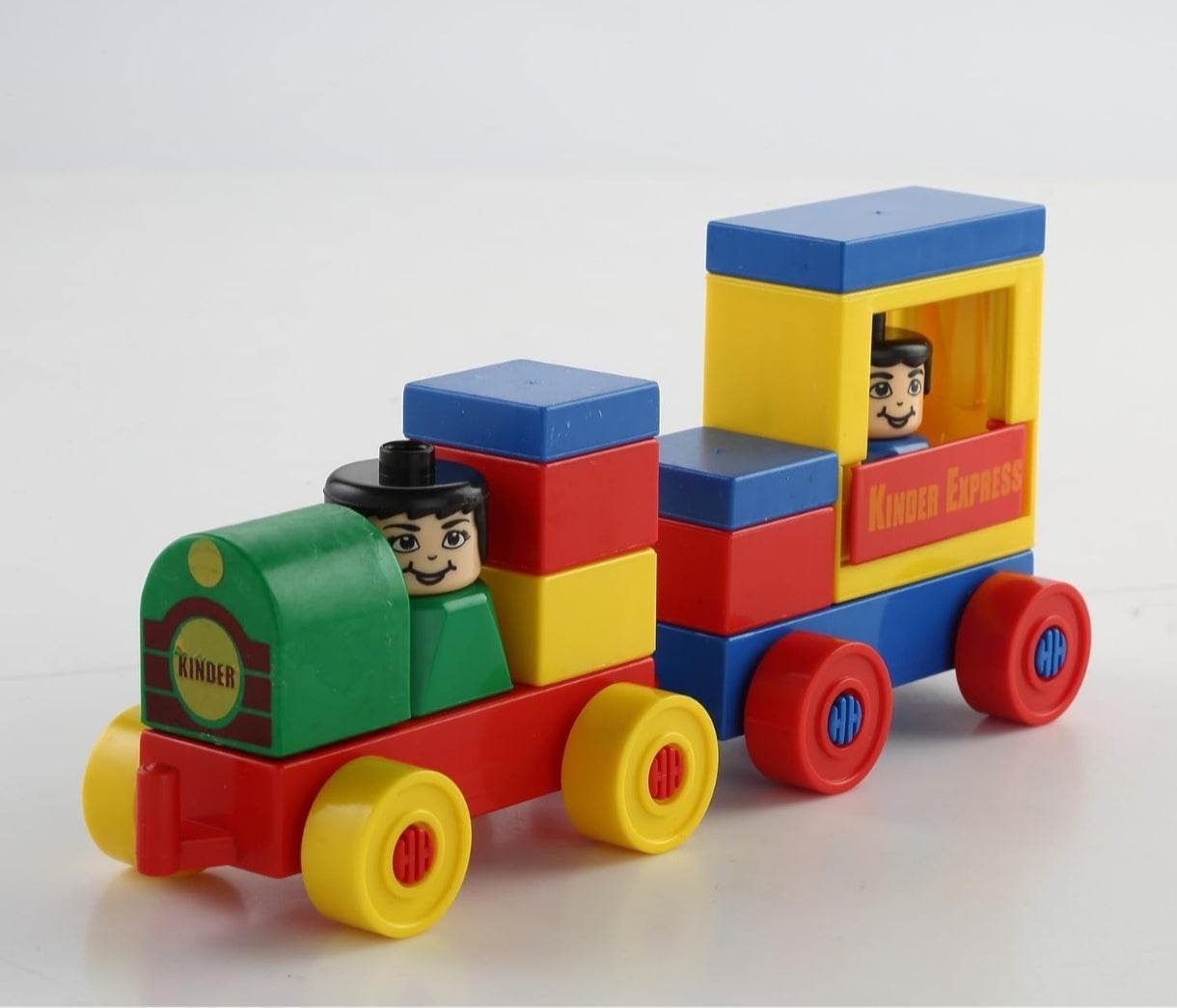 Peacock Kinder Blocks Locomotive Set colorful wooden train with two smiling figures and bright wheels