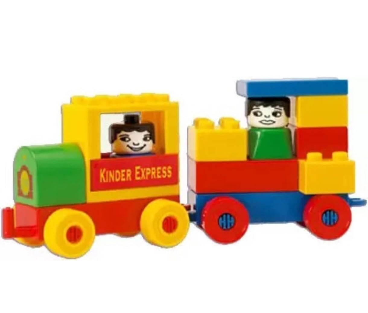 Colorful Kinder Blocks Locomotive Set with two figures inside yellow, red, green, and blue train cars