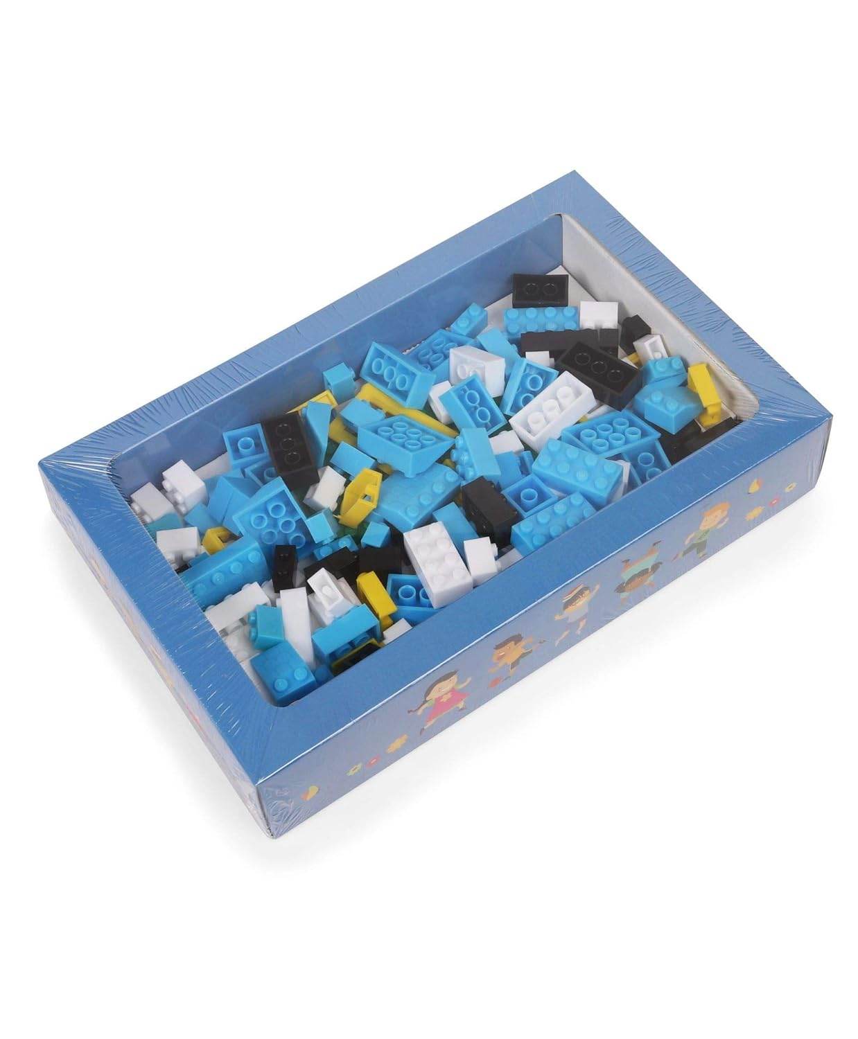 Peacock Smart Blocks building set with blue white black and yellow interlocking bricks in blue box packaging