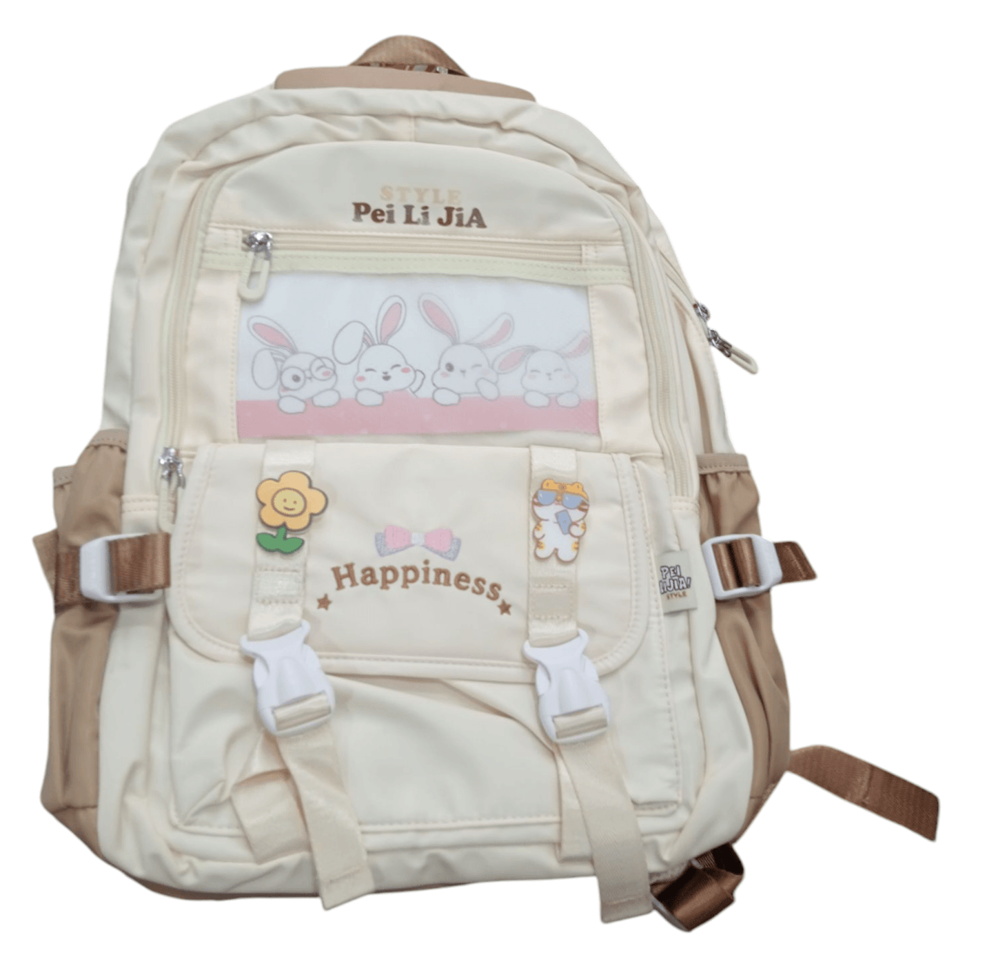 Lightweight school backpack for teens in cream with bunny design and happiness print