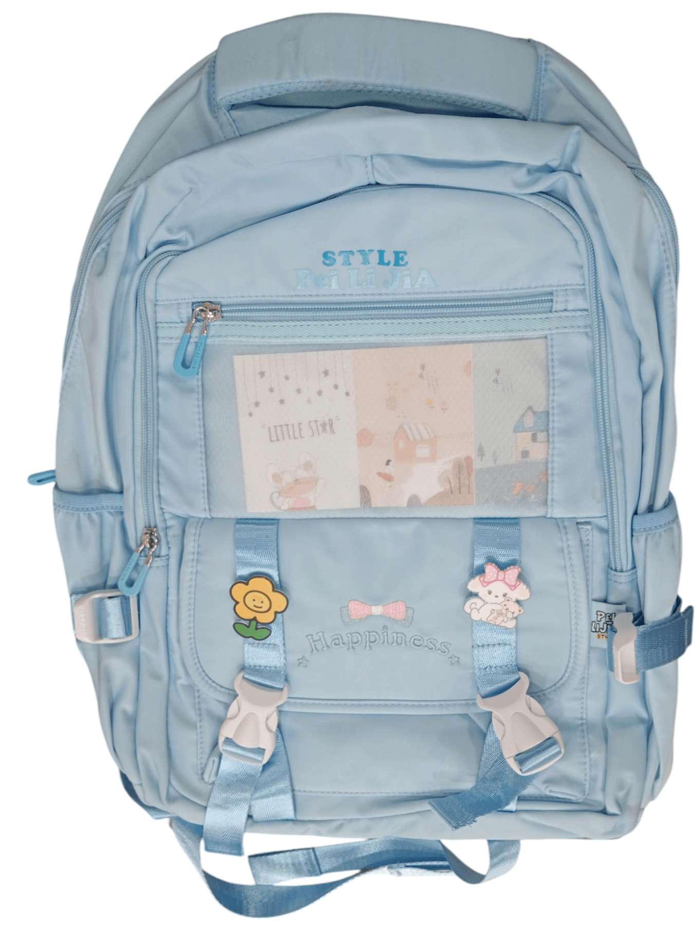 Light blue lightweight school backpack for teens with multiple compartments and cute decorative patches