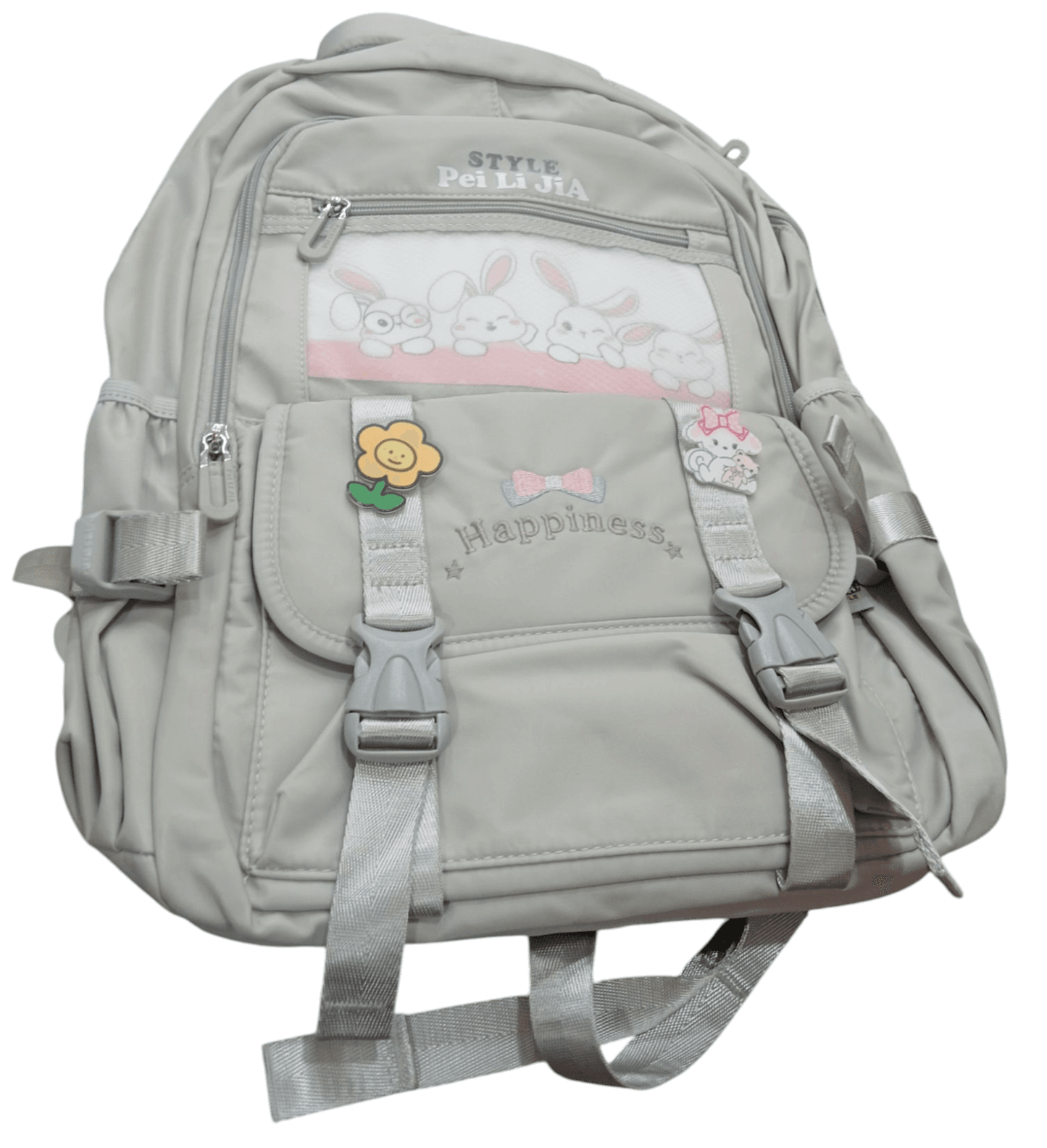 Lightweight school backpack for teens in light gray with cute animal print and flower decorations