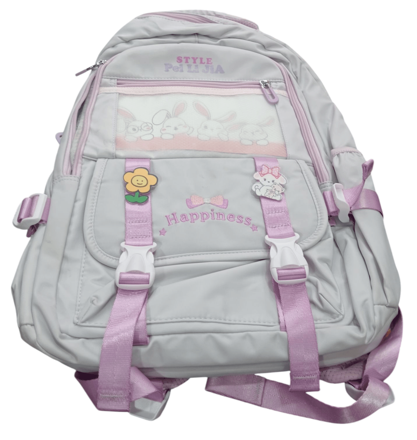 Light gray and pink lightweight school backpack for teens with cartoon patches and multiple compartments