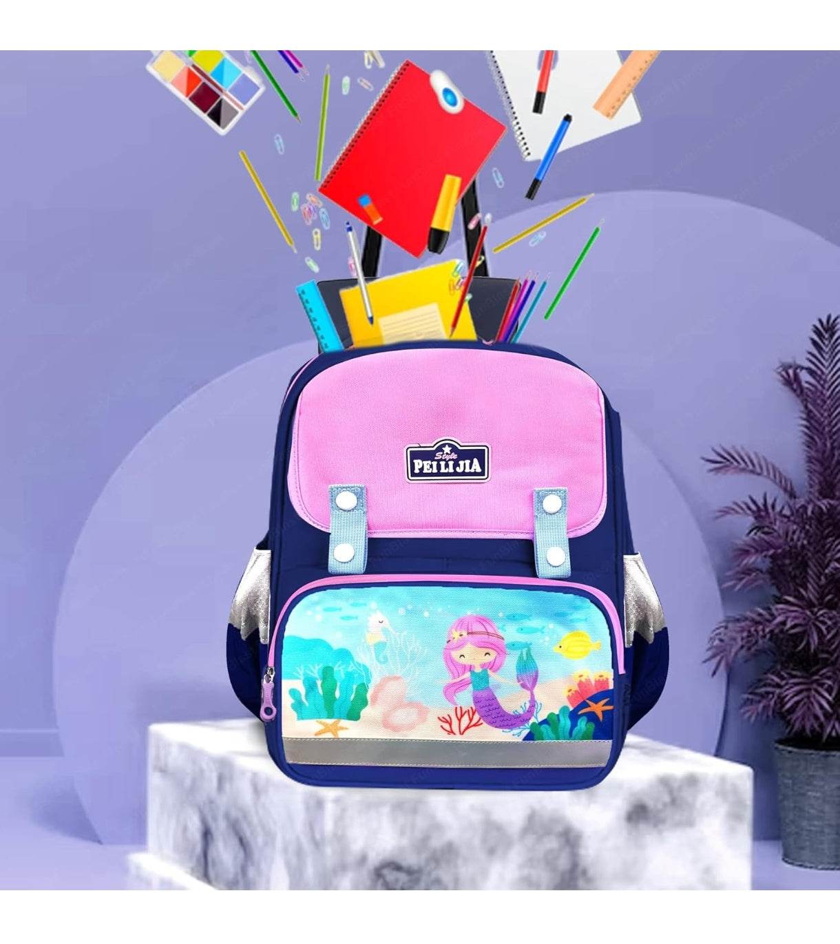 Pink and navy mermaid school bag for girls with colorful underwater design and multiple compartments