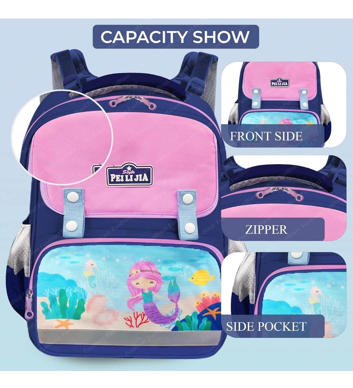 Mermaid school bag for girls in pink and blue with mermaid print front pocket and side pocket