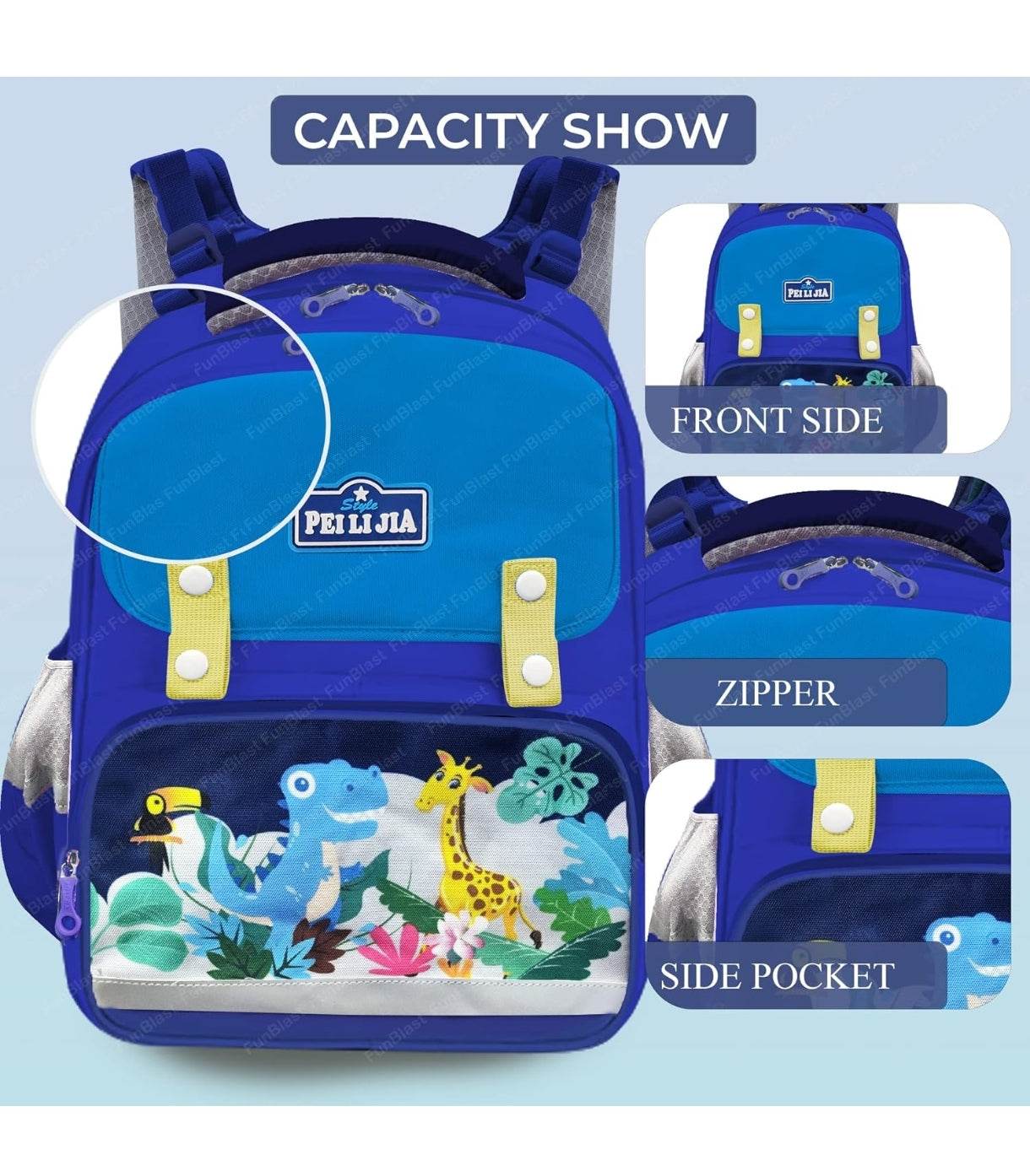 Blue zoo animal school bag for kids with dinosaur and giraffe design and multiple compartments