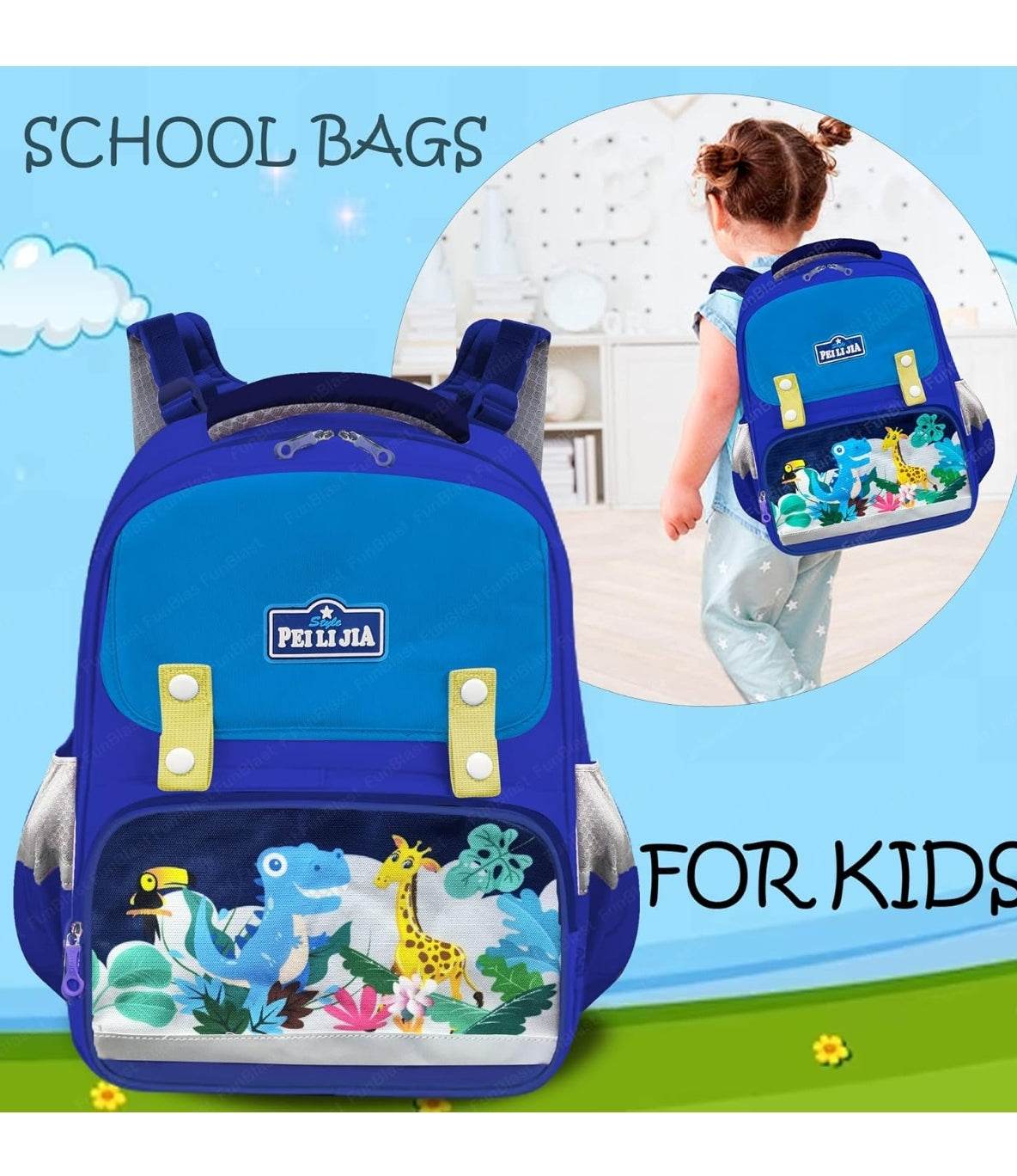 Blue zoo animal school bag for kids featuring colorful dinosaur and giraffe design with adjustable straps