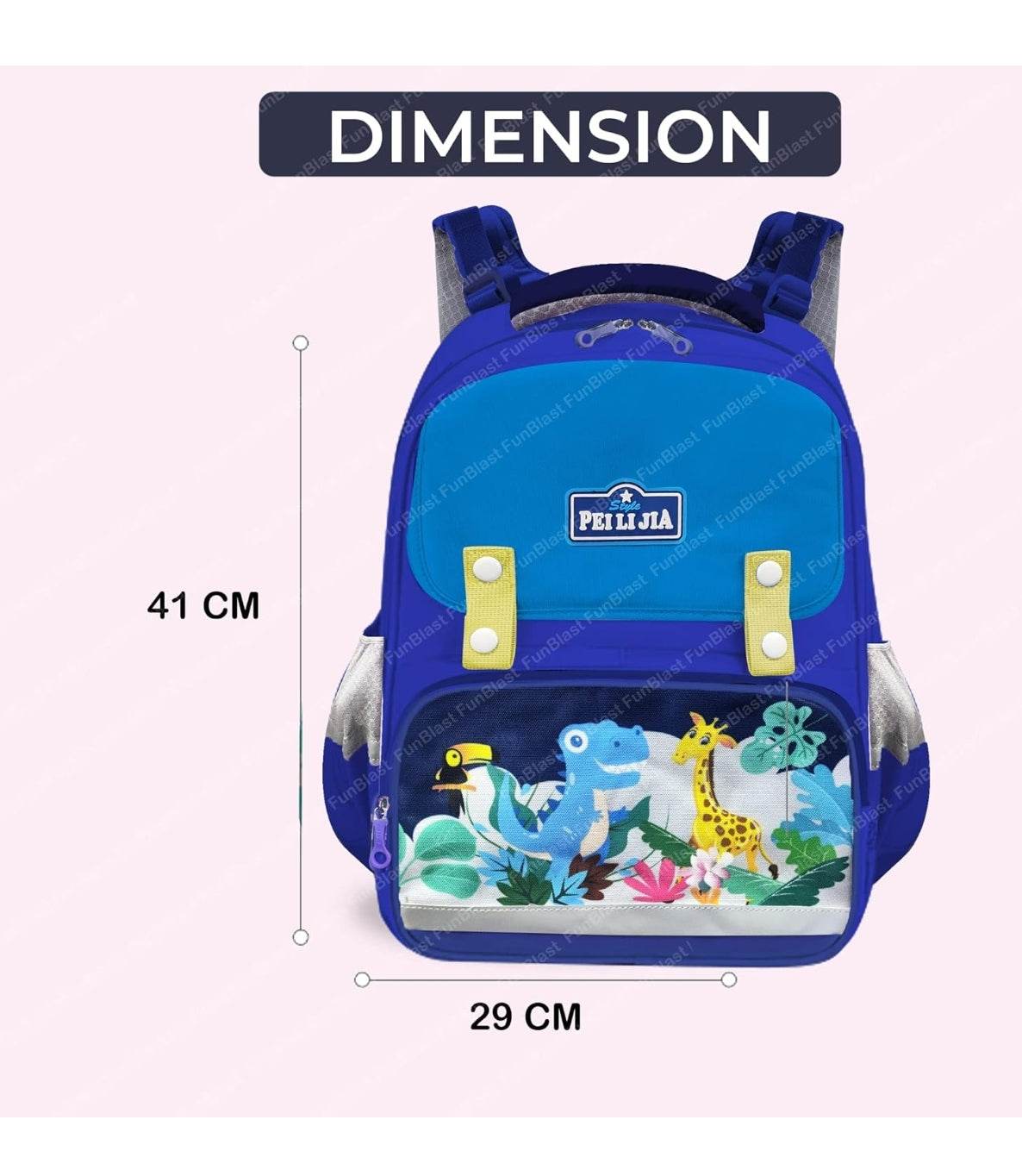 Blue zoo animal school bag for kids with dinosaur and giraffe design and 41 by 29 cm dimensions