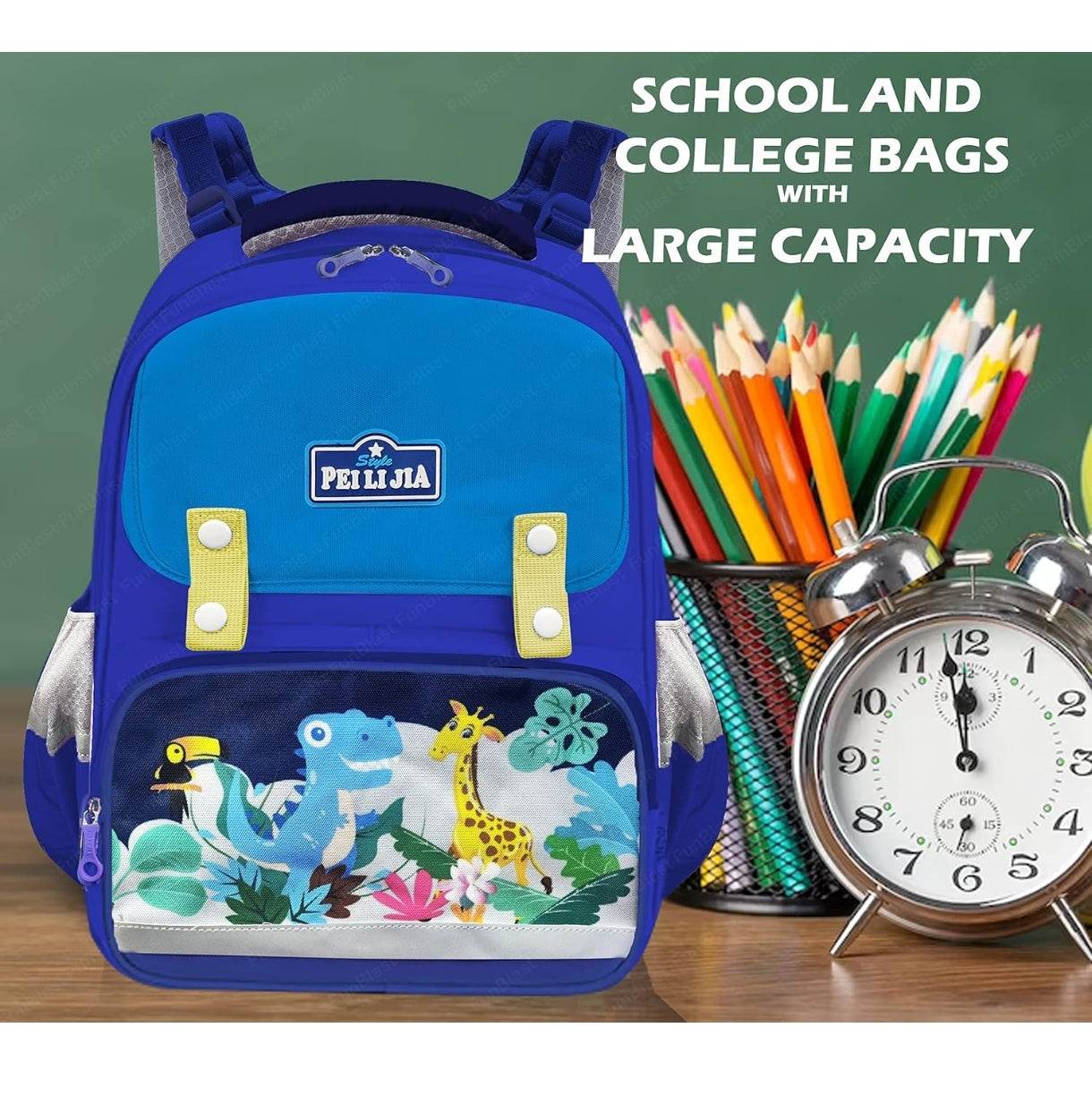 Blue zoo animal school bag for kids with dinosaur and giraffe print and large capacity