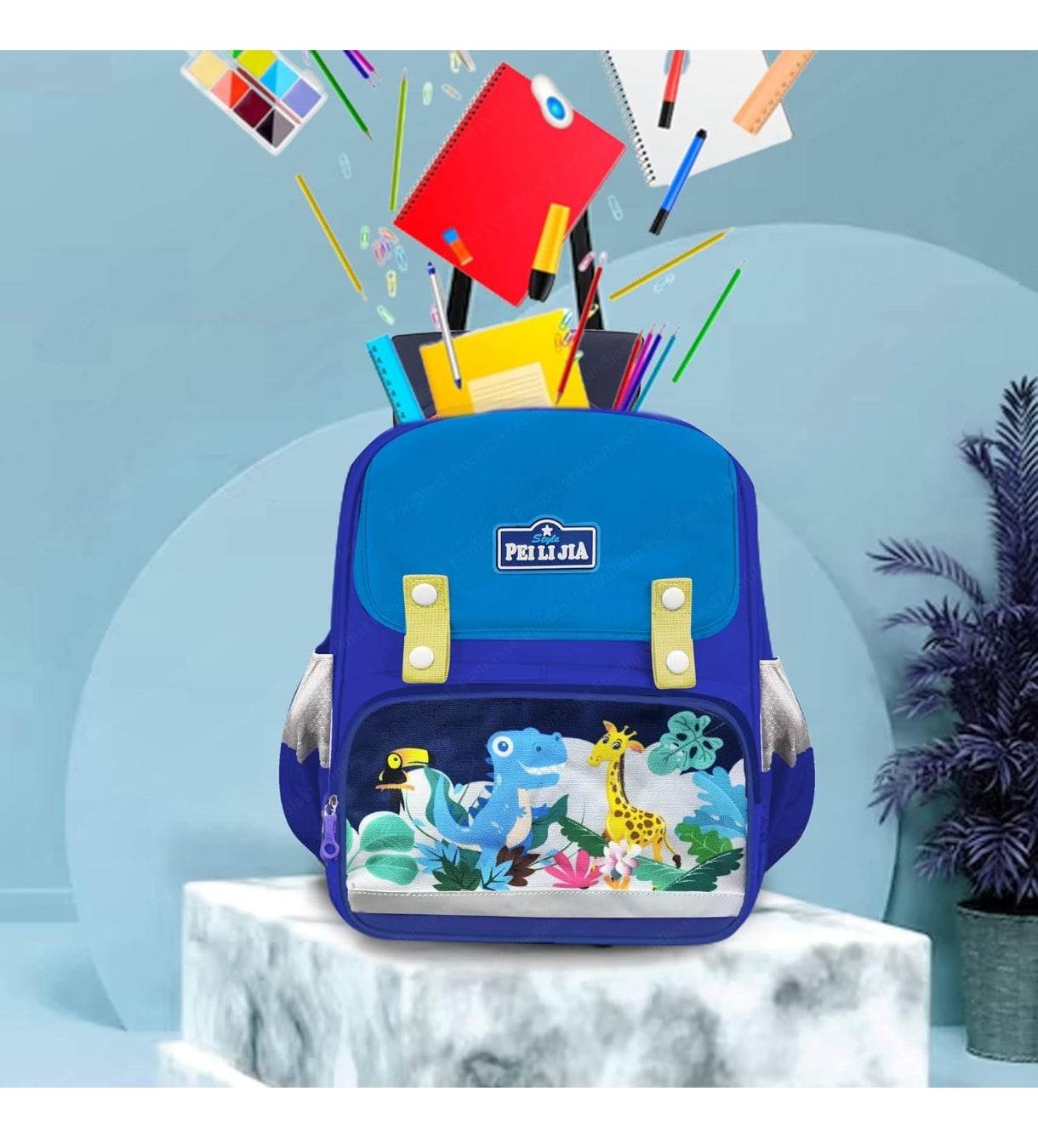 Blue zoo animal school bag for kids with colorful animal designs and multiple compartments