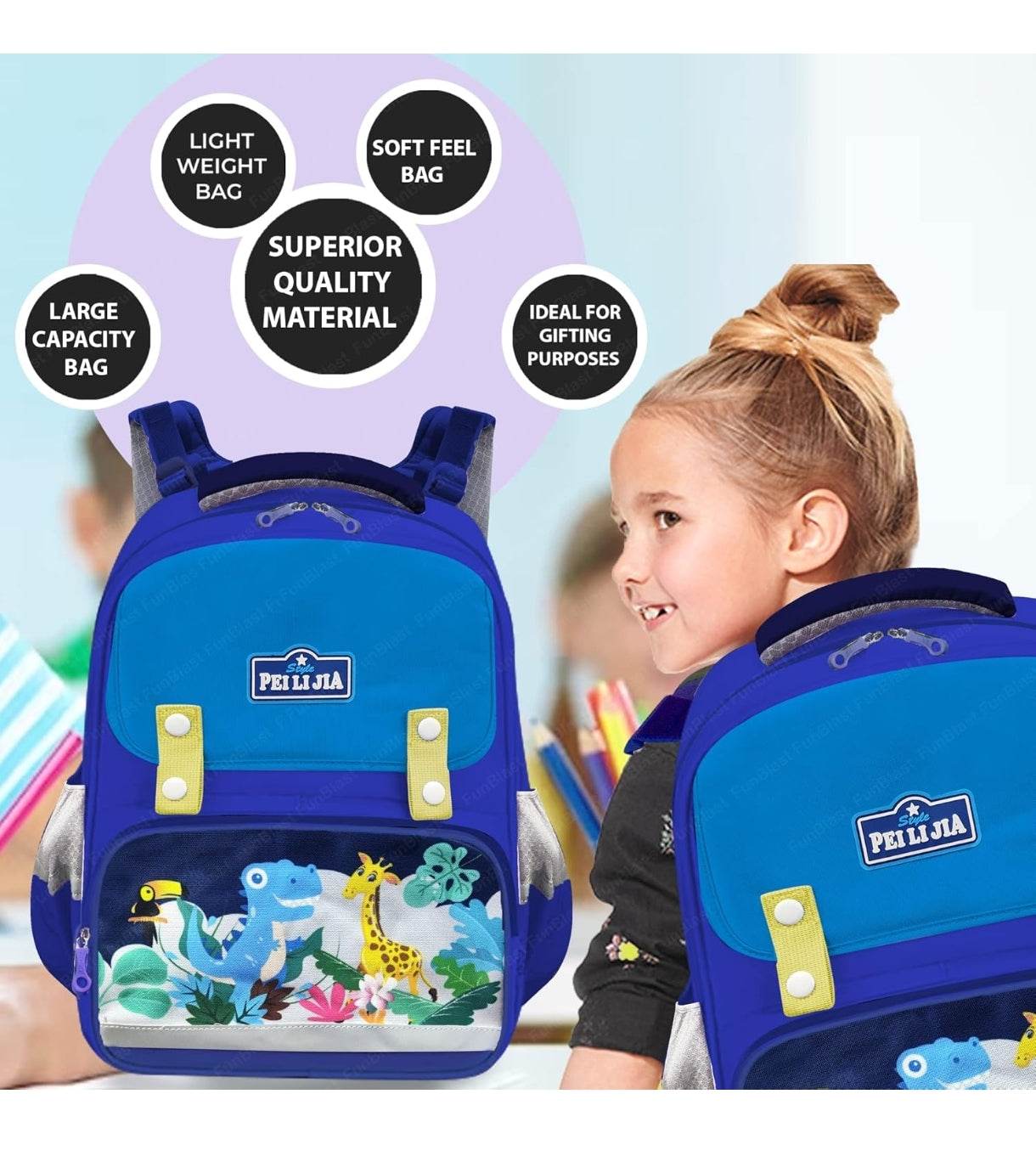 Blue zoo animal school bag for kids with large capacity and soft feel material