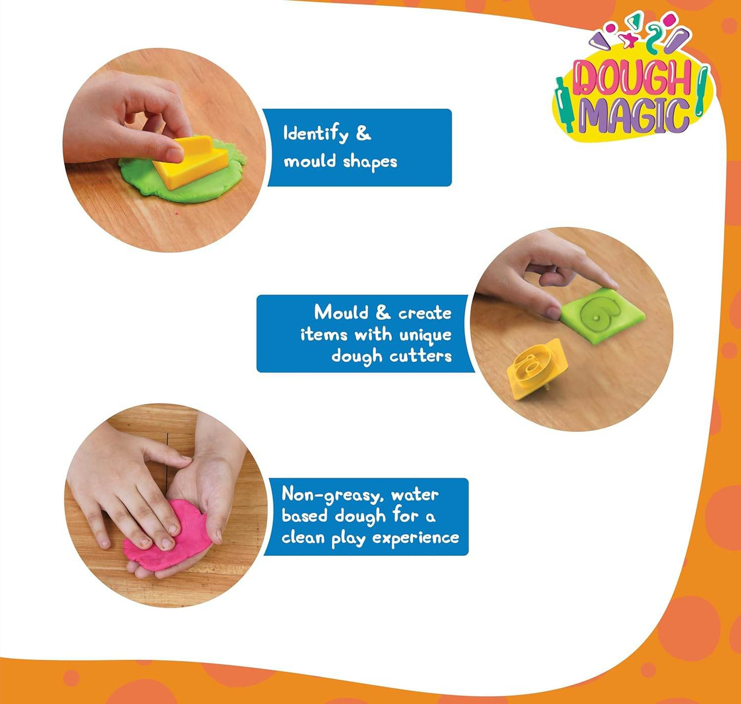 Kids molding clay with cutters showing hands shaping colorful dough with yellow cutters for creative play