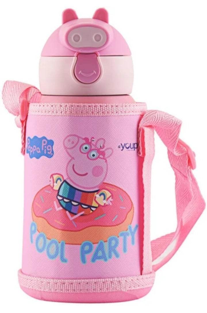 Peppa Pig sipper bottle for kids with pink cover and cartoon pool party design