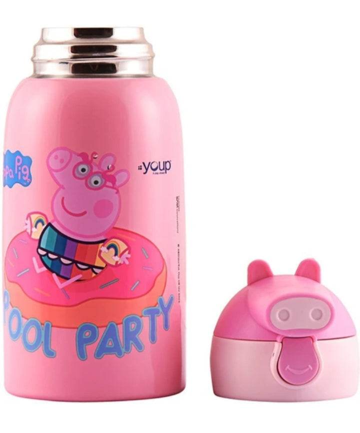 Pink Peppa Pig sipper bottle for kids with cartoon character and removable lid shaped like a pig's face