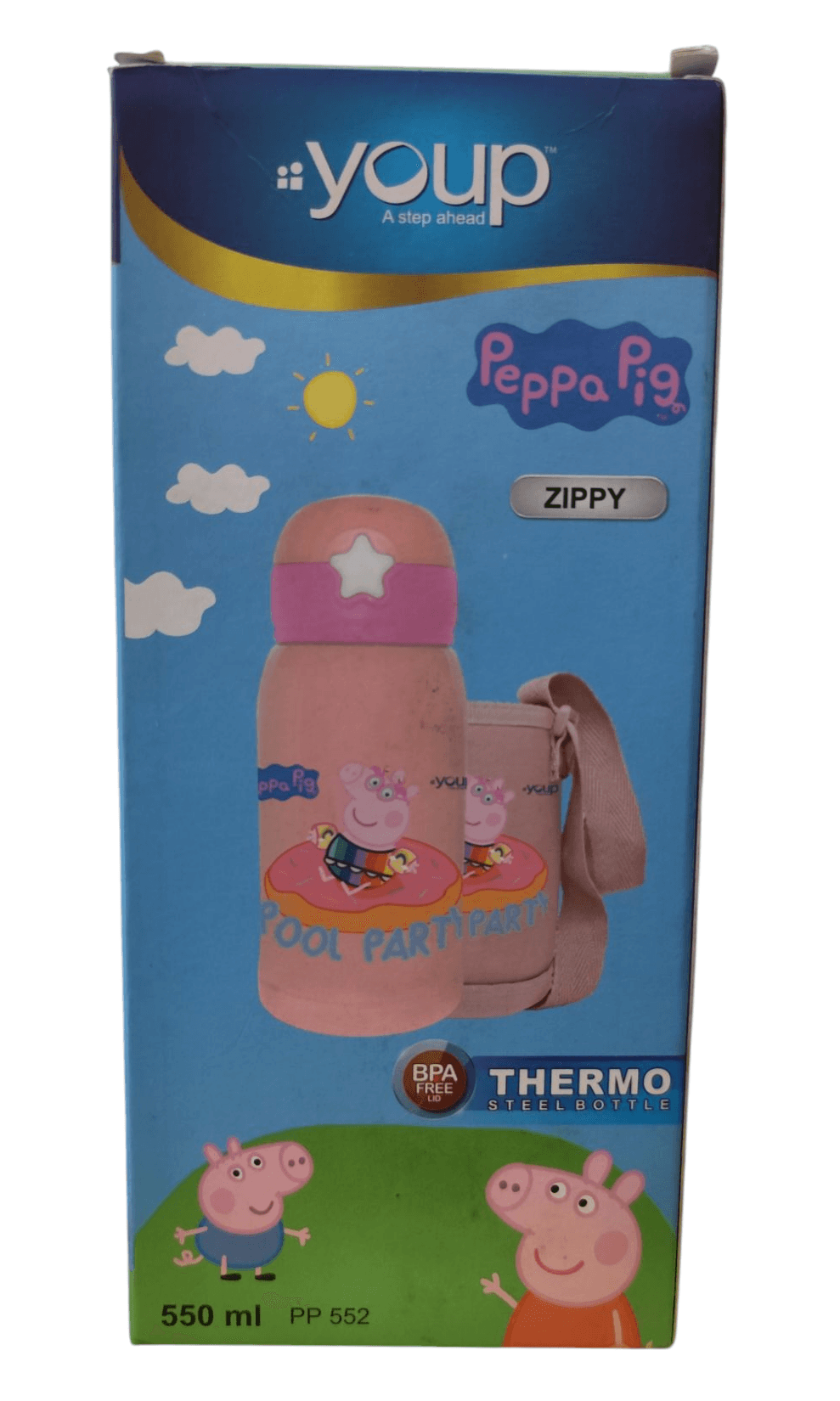 Peppa Pig sipper bottle for kids pink thermo stainless steel 550 ml with carrying pouch