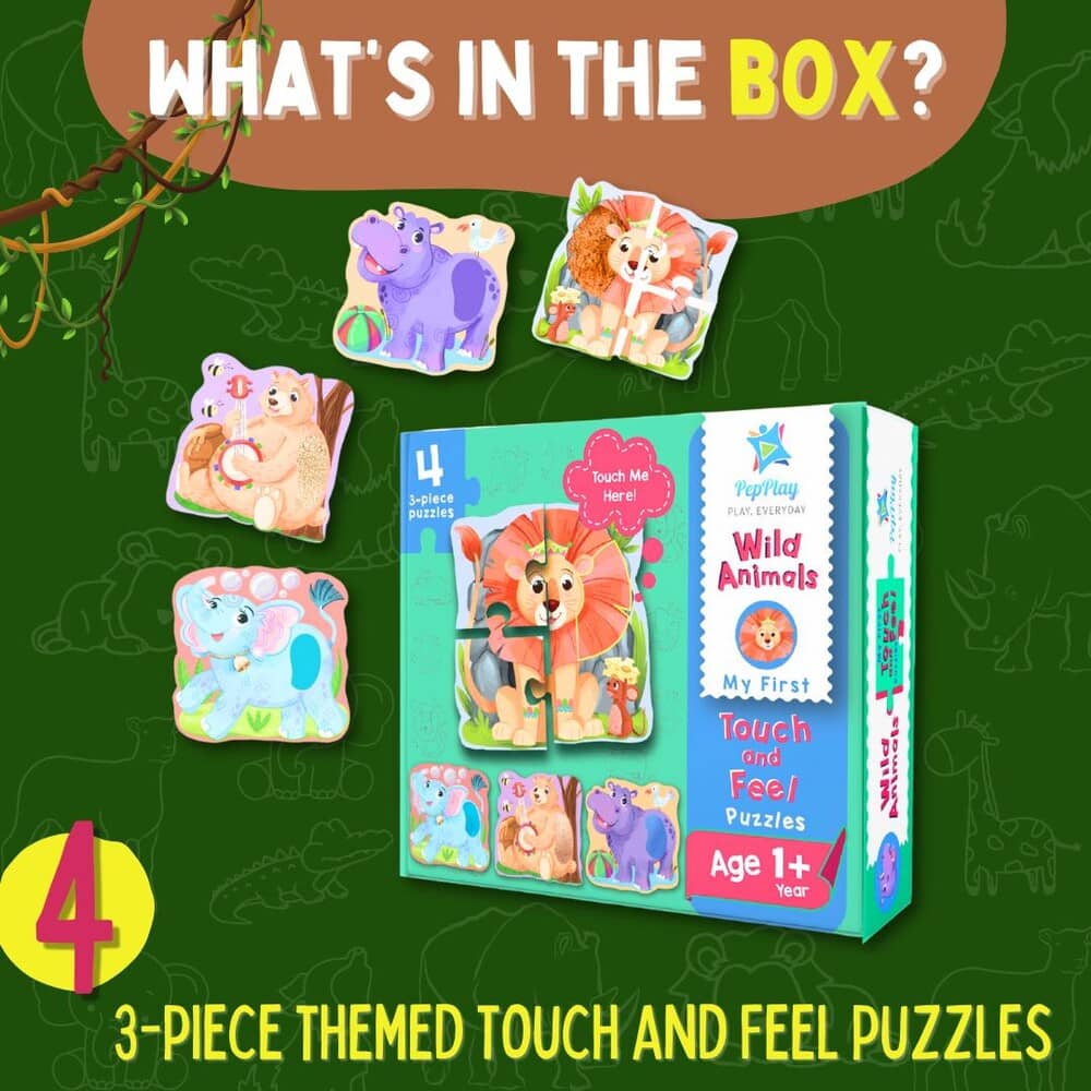 Box of 'Wild Animals' touch and feel puzzles with animal illustrations on a green background.