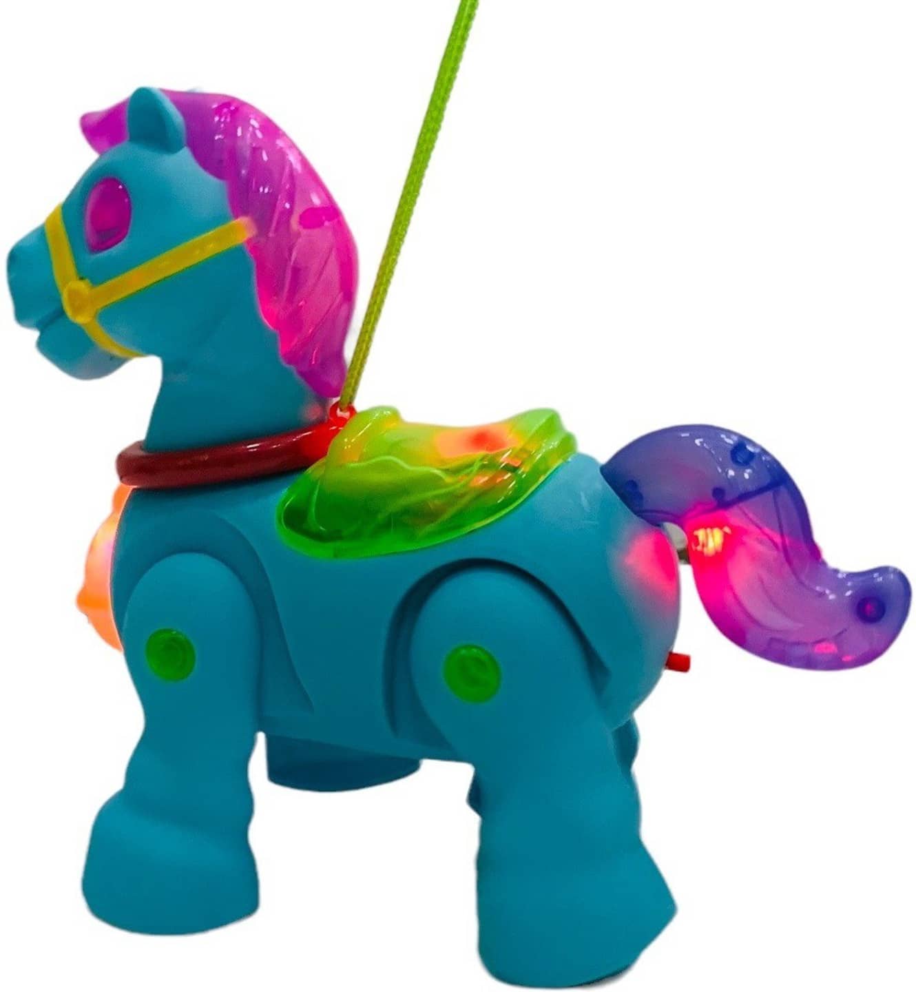 Colorful toy horse with lights and sounds on a white background