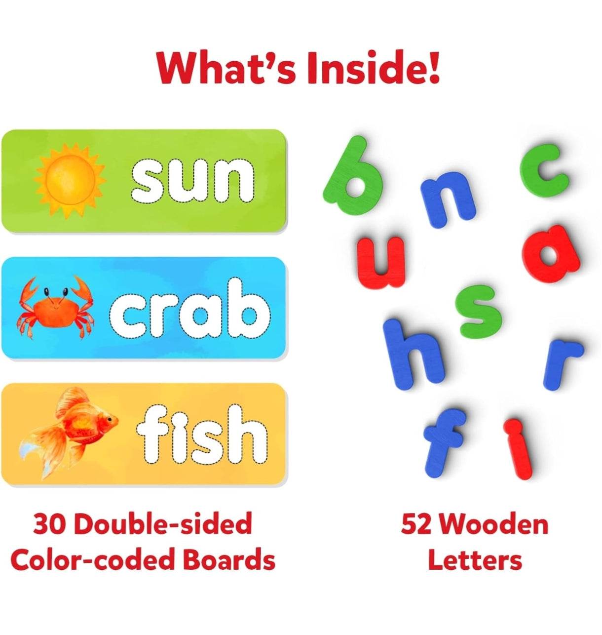Preschool spelling activity cards with colorful boards and 52 wooden letters for early learning