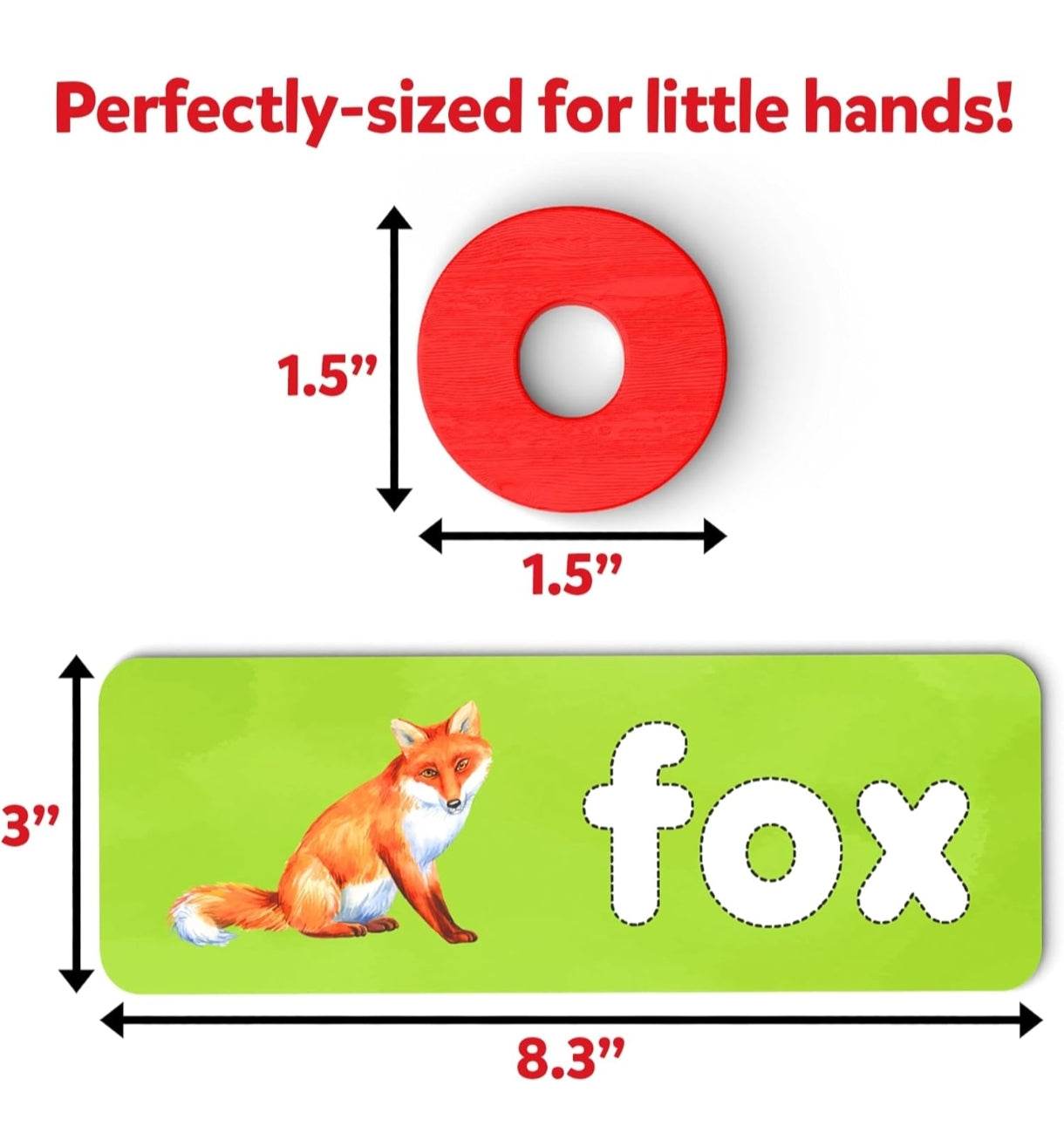 Preschool spelling activity cards with fox illustration and red letter O for early learning