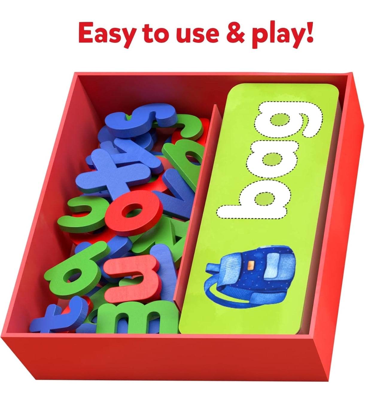T-Rex the toyland Sitamarhi preschool spelling activity cards with colorful letters and a bag word card in a red box