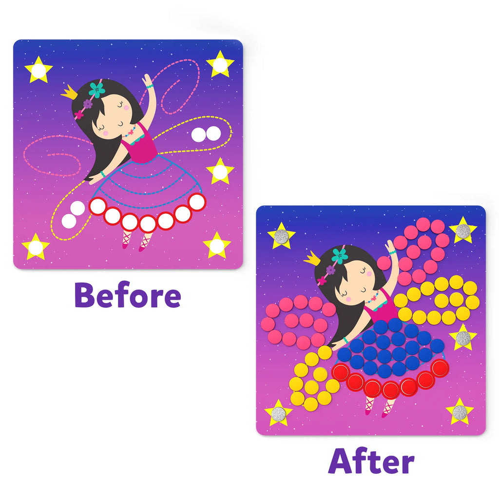 Skillmatics Dot it princess magnet activity set showing before and after colorful dot placement on princess wings and dress
