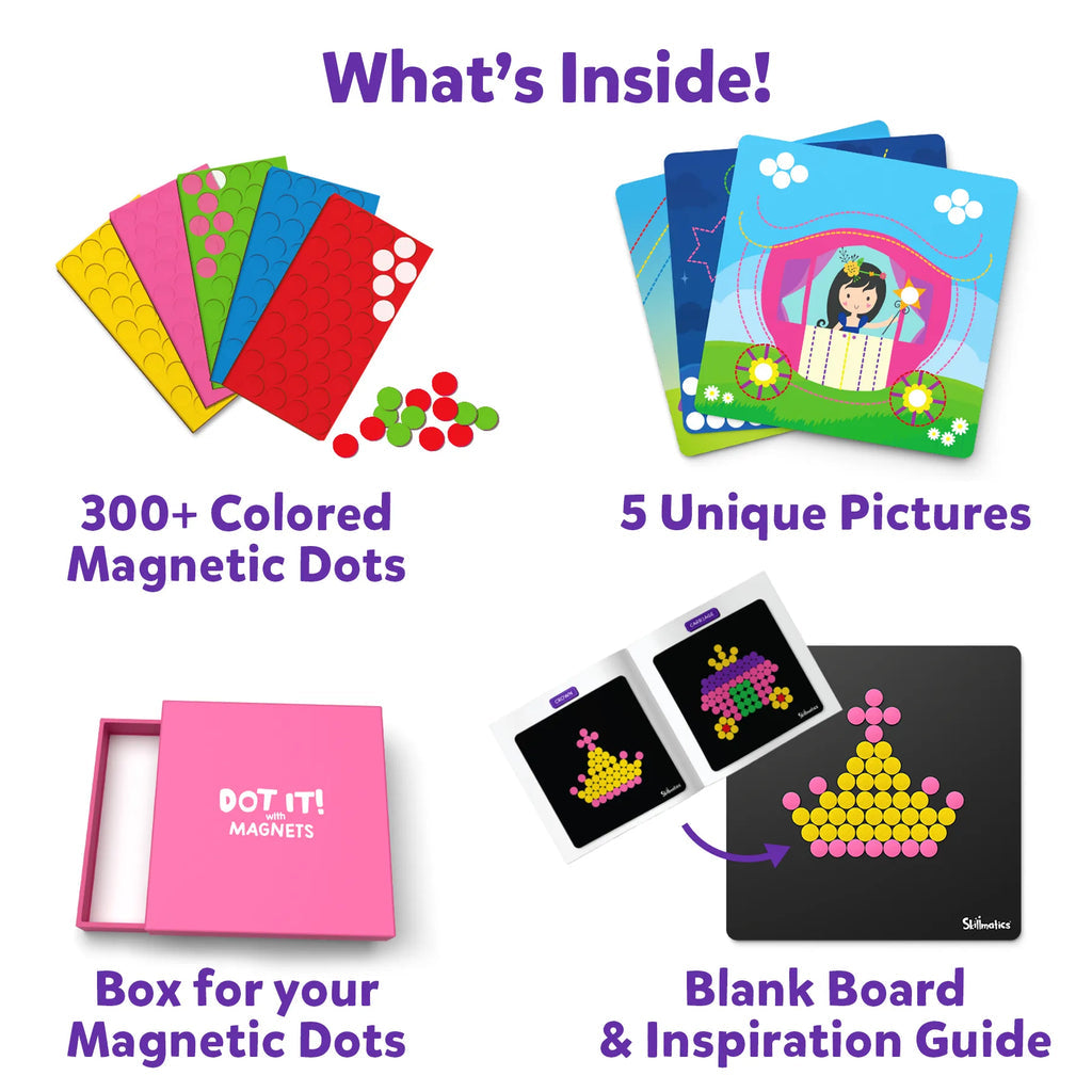 Skillmatics princess magnet activity set with colorful magnetic dots, unique picture cards, blank board, and storage box