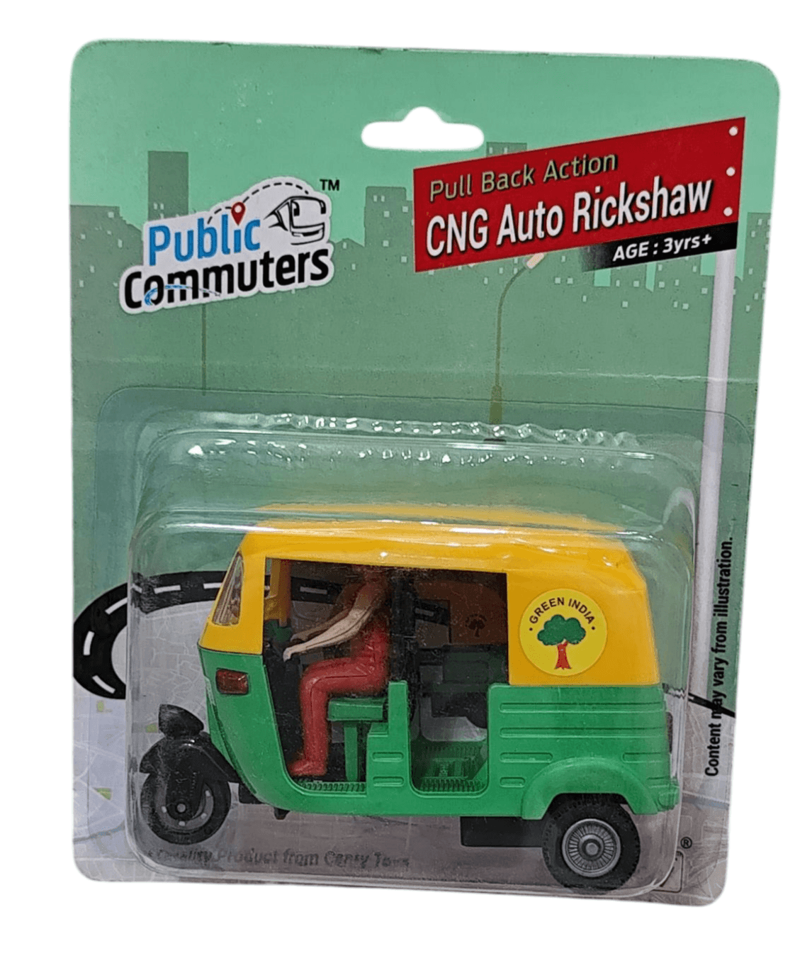 Pull back auto rickshaw toy in green and yellow by T-Rex the toyland Sitamarhi with CNG auto rickshaw design