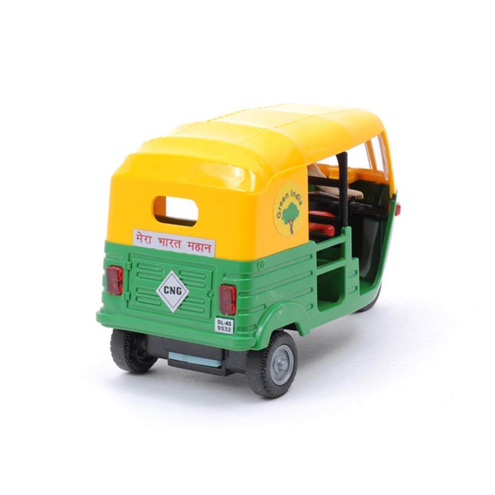 Green and yellow pull back auto rickshaw toy with CNG label and detailed design