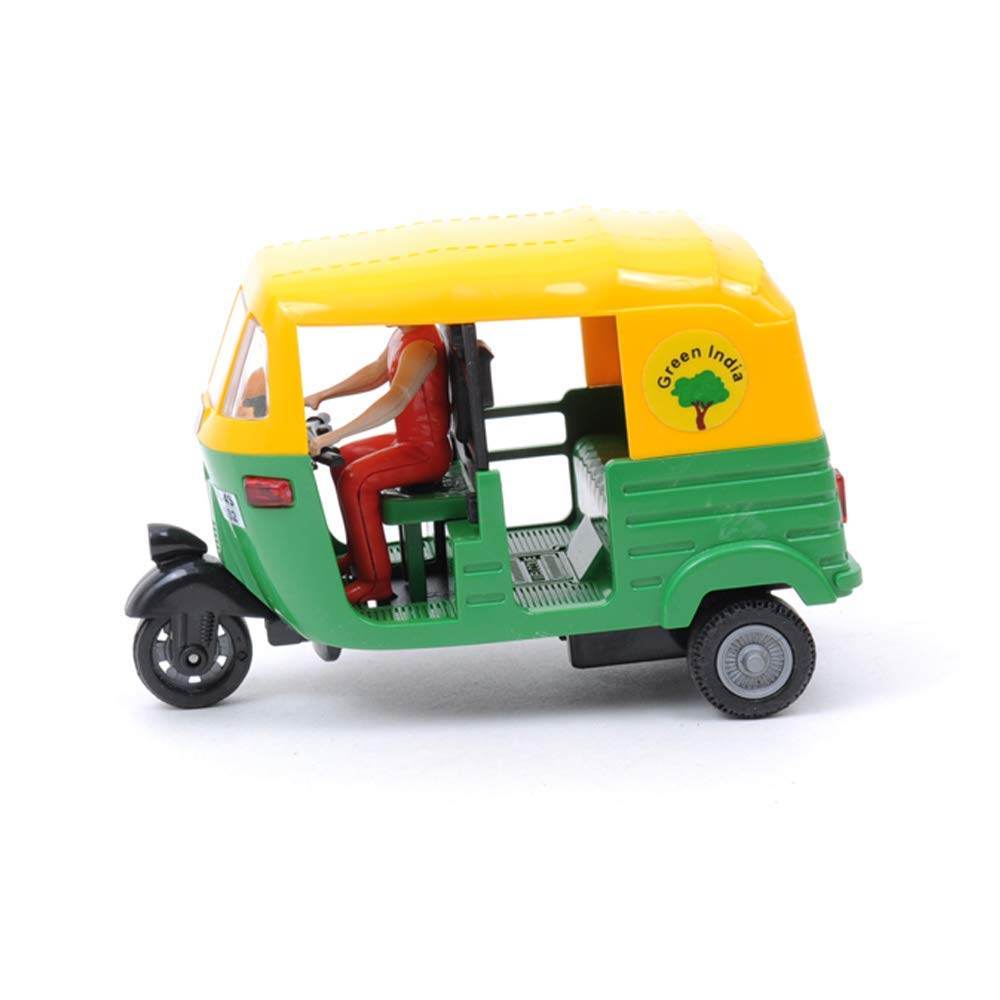 T-Rex the toyland Sitamarhi pull back auto rickshaw toy in green and yellow with driver figure