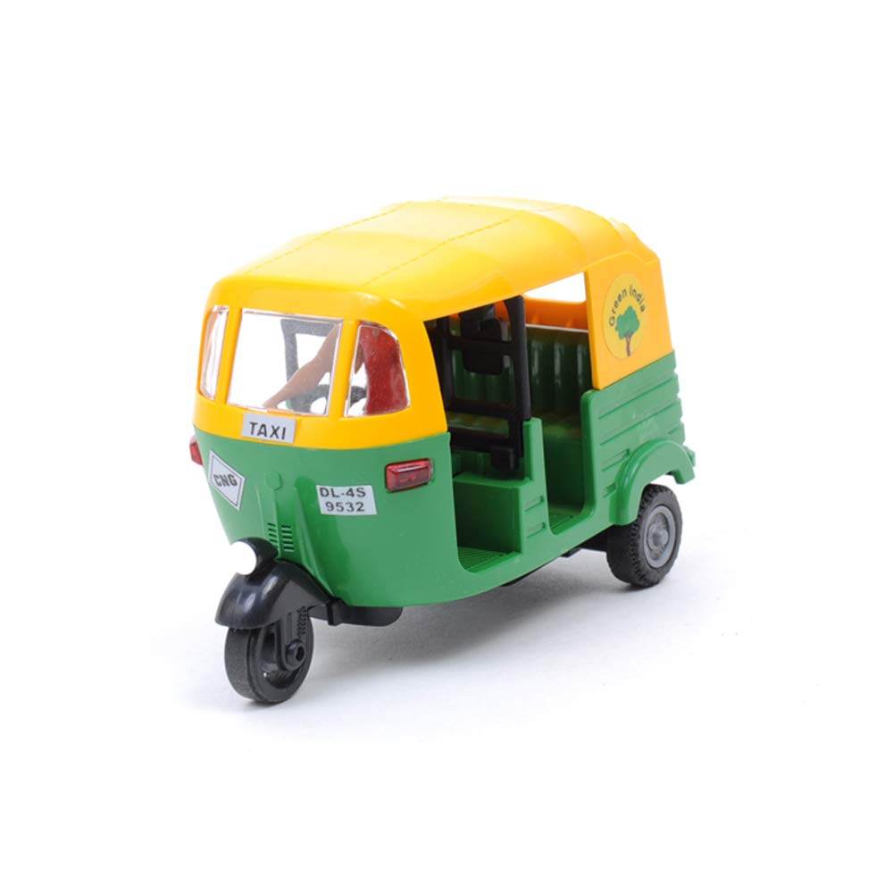 Green and yellow pull back auto rickshaw toy with detailed design by T-Rex the toyland Sitamarhi