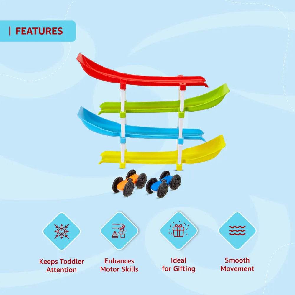 Colorful ramp race track toy for kids with cars promoting motor skills and smooth movement