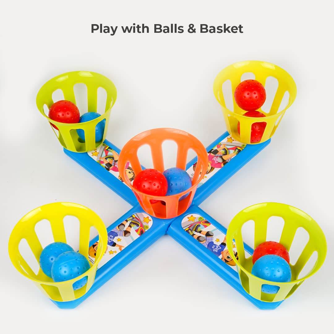 2 in 1 basket bottle toss game with colorful baskets and balls for fun family play