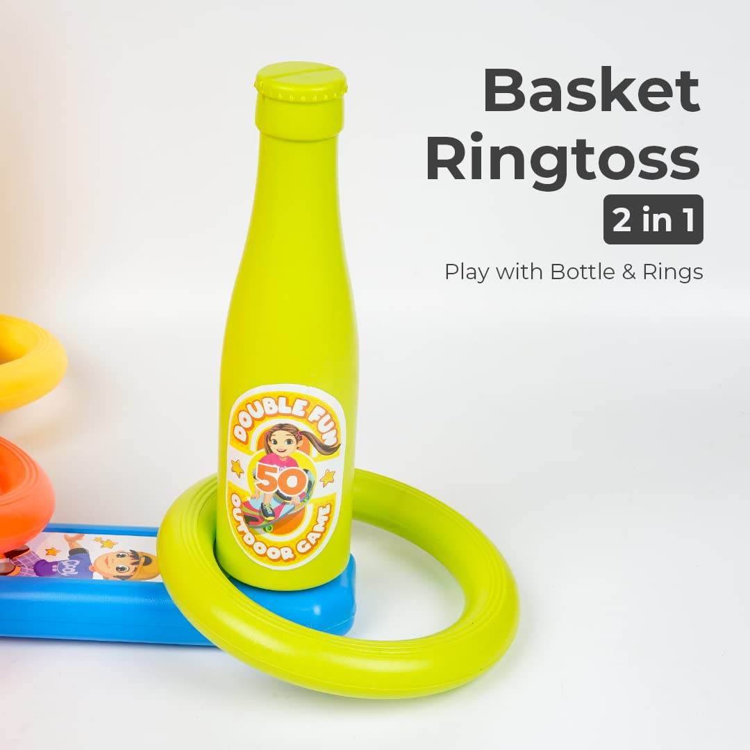 2 in 1 basket bottle toss game with colorful bottle and rings for indoor fun and play