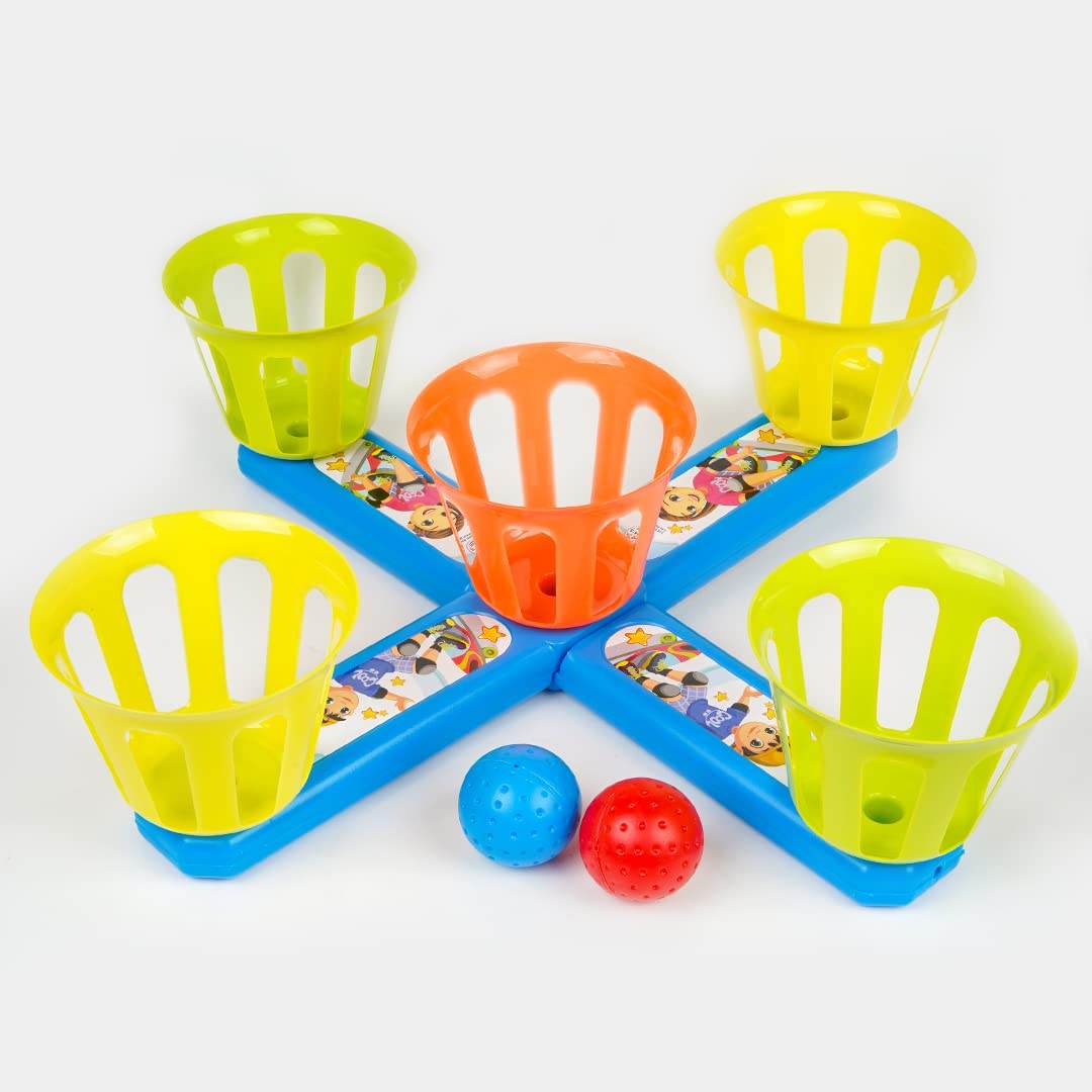 Colorful 2 in 1 basket bottle toss game with five plastic baskets and two balls for kids