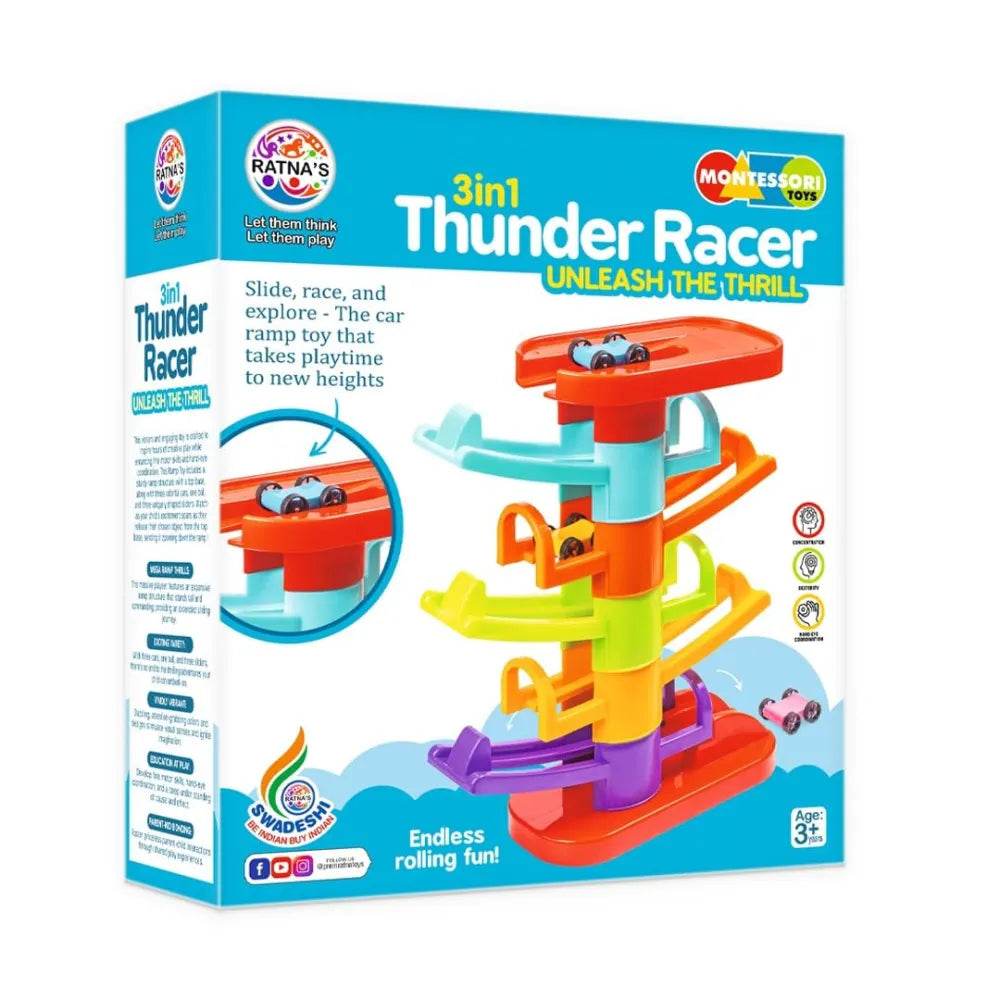 Prem Ratna 3 in 1 car ramp toy for toddlers Thunder Racer with colorful spiral tracks and toy cars
