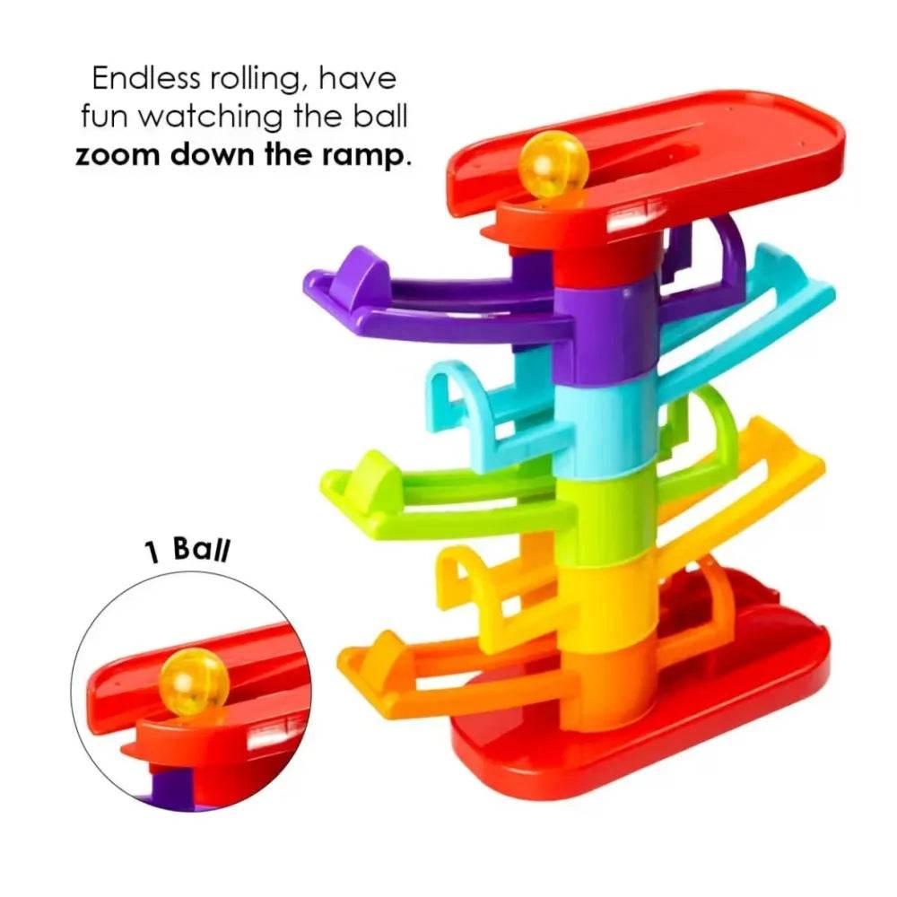 Prem Ratna 3 in 1 car ramp toy for toddlers with colorful multi-level ramps and rolling ball