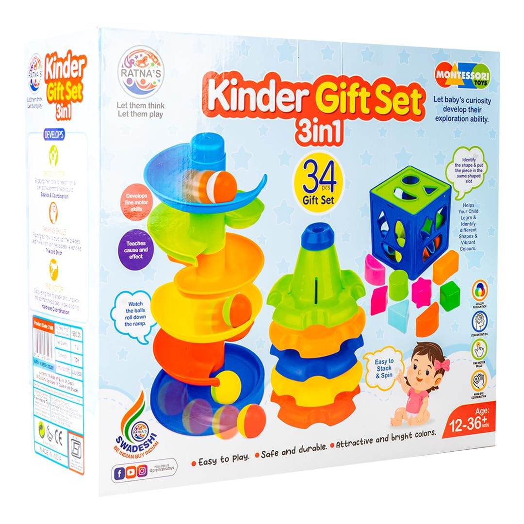 Ratna's 3 in 1 Kinder Gift Set Containing Stack-N-Spin, Rainbow Spinning Tower & Shape Sorter Cube Montessori Toys Preschool Learning for Infants & Toddlers - T-Rex the toyland Sitamarhi