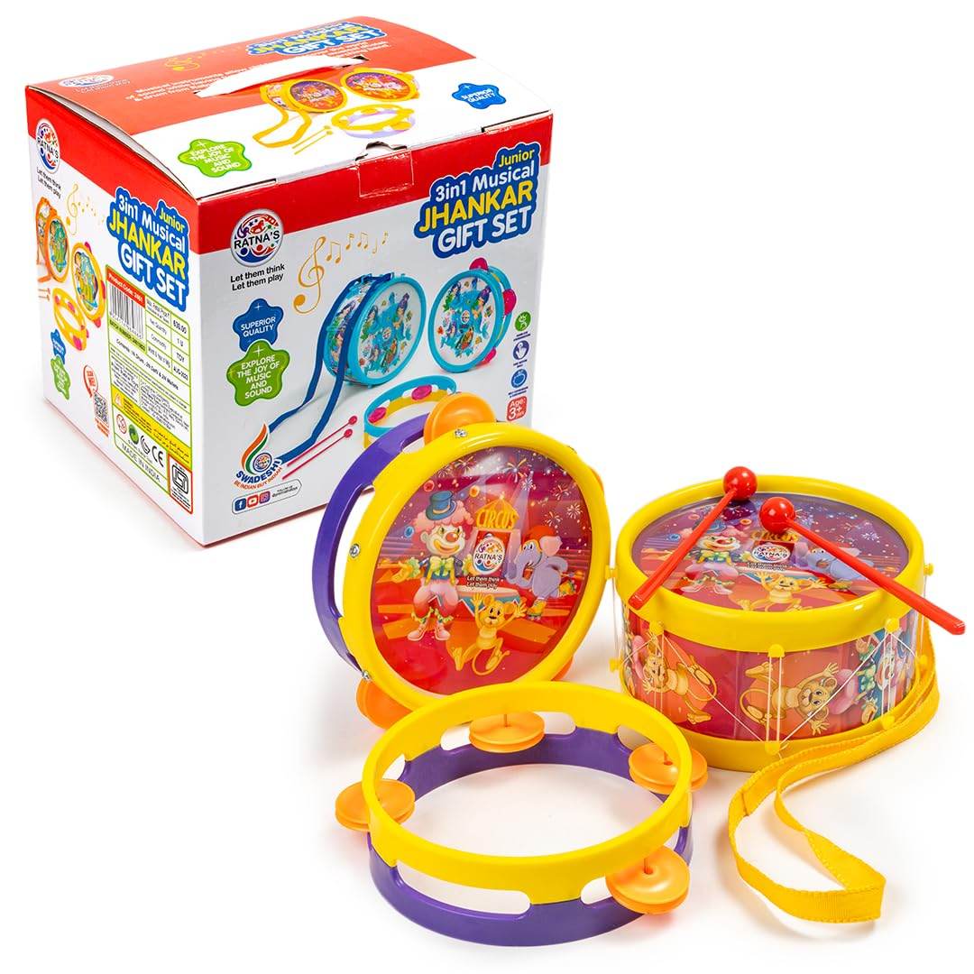 Ratna's 3 in 1 Musical Jhankar Gift Set Junior Circus Printed Drum Dafli Toy Musical Instrument with 2 Mallets for Kids - T-Rex the toyland Sitamarhi