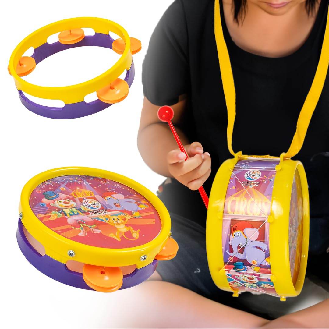 Ratna's 3 in 1 Musical Jhankar Gift Set Junior Circus Printed Drum Dafli Toy Musical Instrument with 2 Mallets for Kids - T-Rex the toyland Sitamarhi