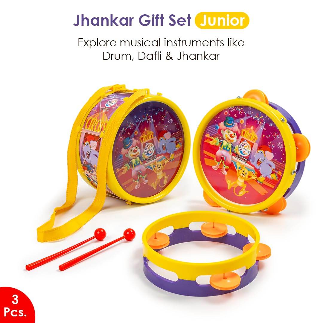 Ratna's 3 in 1 Musical Jhankar Gift Set Junior Circus Printed Drum Dafli Toy Musical Instrument with 2 Mallets for Kids - T-Rex the toyland Sitamarhi