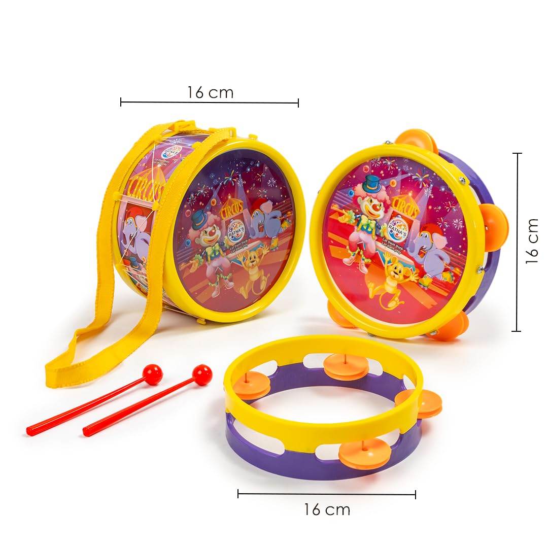 Ratna's 3 in 1 Musical Jhankar Gift Set Junior Circus Printed Drum Dafli Toy Musical Instrument with 2 Mallets for Kids - T-Rex the toyland Sitamarhi