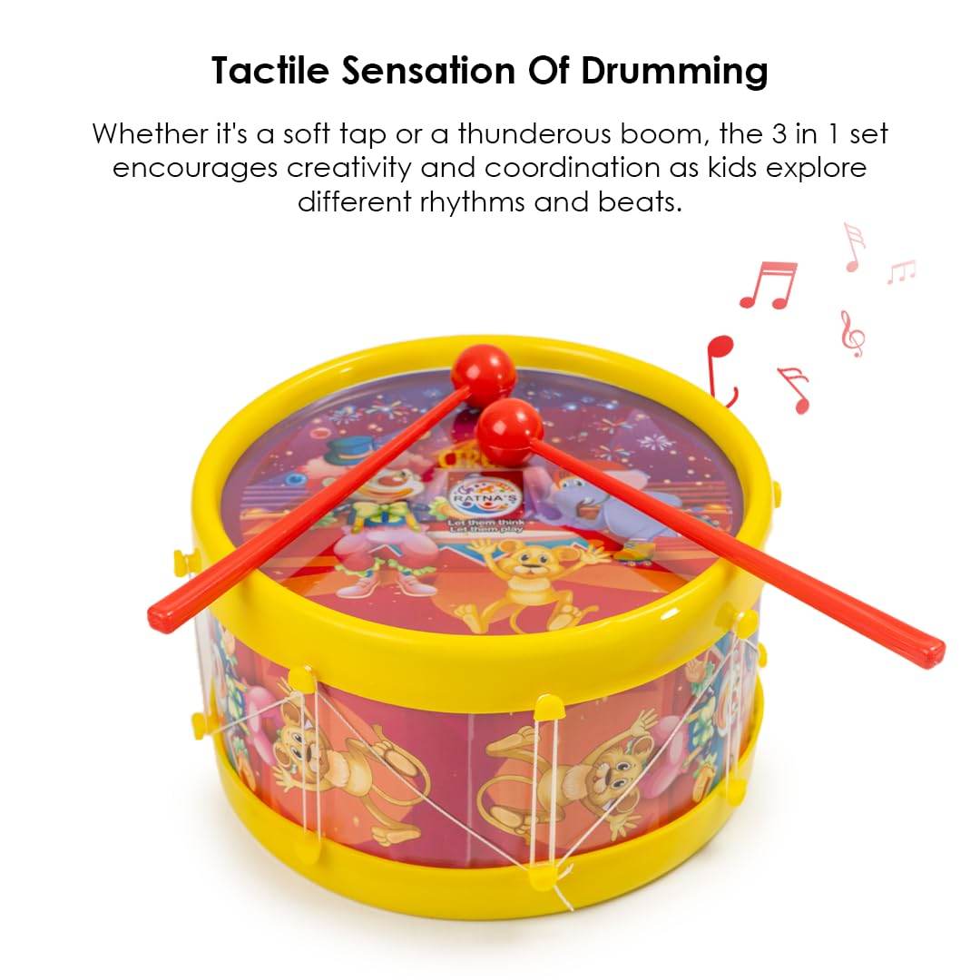 Ratna's 3 in 1 Musical Jhankar Gift Set Junior Circus Printed Drum Dafli Toy Musical Instrument with 2 Mallets for Kids - T-Rex the toyland Sitamarhi