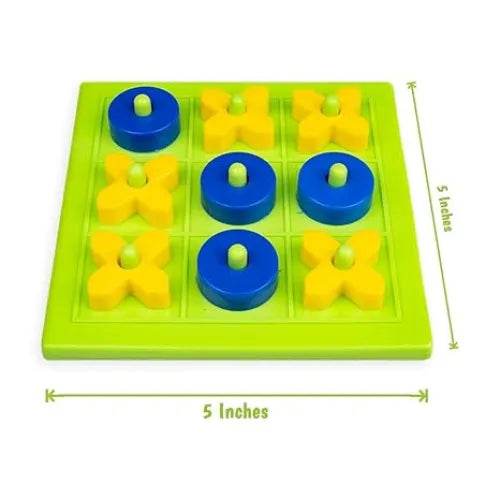 Prem Ratna 3D tic tac toe board game with yellow X and blue O pieces on green 5 inch square board