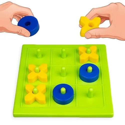 Prem Ratna 3D tic tac toe board game with blue and yellow pieces on a green grid board