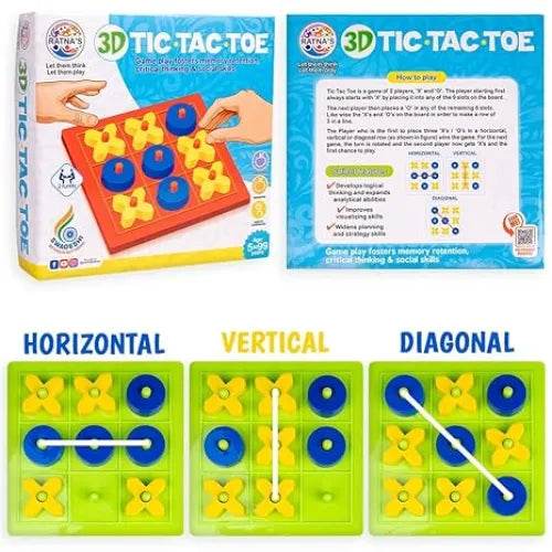 Prem Ratna 3D tic tac toe board game with yellow X and blue O pieces on a green grid puzzle