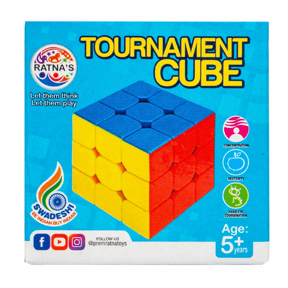 Prem Ratna 3x3 tournament cube for kids in blue yellow and red on packaging for ages 5 plus