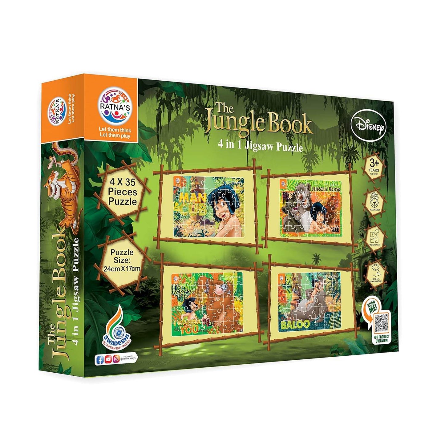 Ratna's 4in1 Jungle Book Jigsaw Puzzle Size 24cm x 17cm - Mowgli, Bagheera, Baloo, etc - 140 Pieces (4 X 35 pcs Each) Toy for Kids 3+ Years - T-Rex the toyland Sitamarhi