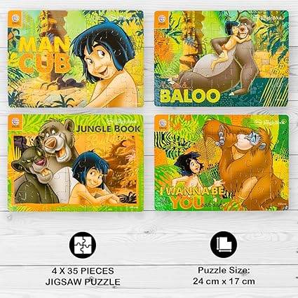 Ratna's 4in1 Jungle Book Jigsaw Puzzle Size 24cm x 17cm - Mowgli, Bagheera, Baloo, etc - 140 Pieces (4 X 35 pcs Each) Toy for Kids 3+ Years - T-Rex the toyland Sitamarhi